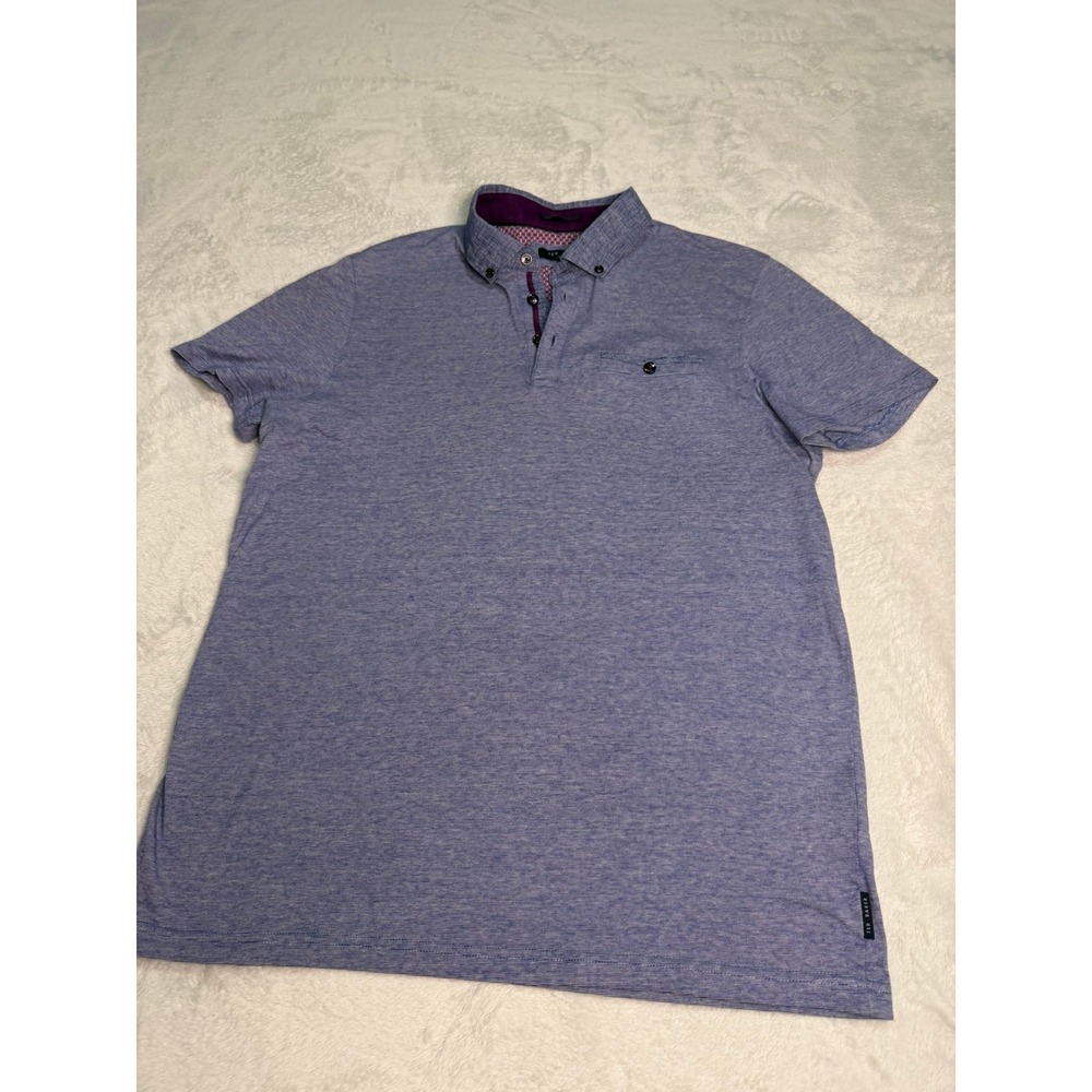 Ted Baker Mens Blue Micro Stripe Polo Shirt Short Sleeve Purple Trim Size 4 L - Picture 4 of 10
